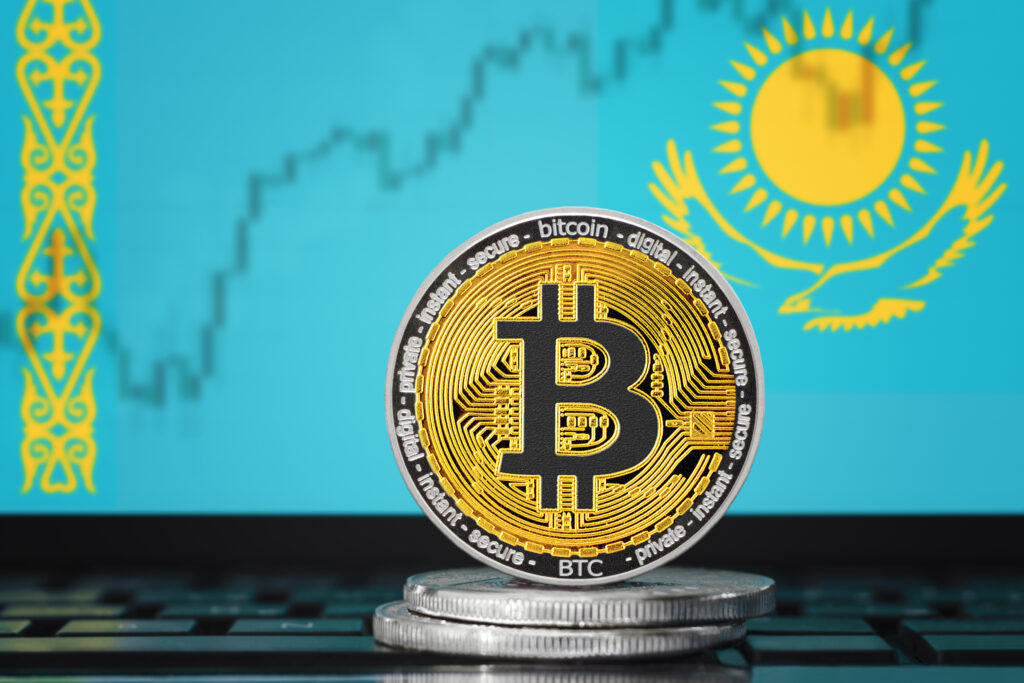 bitcoin on the background of the flag of Kazakhstan