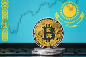 bitcoin on the background of the flag of Kazakhstan