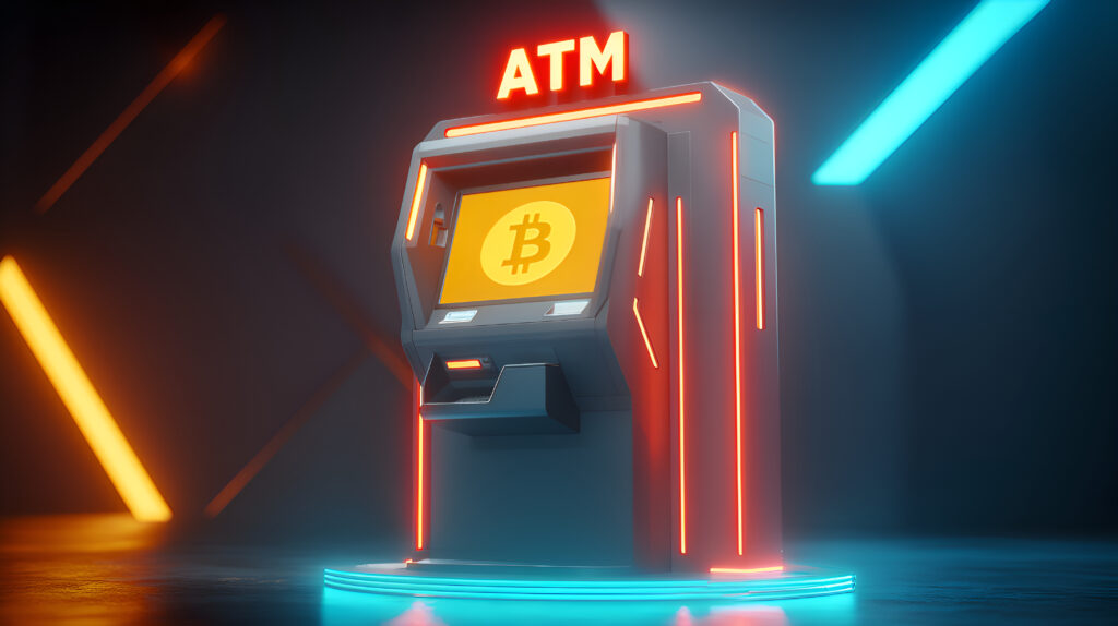 Bitcoin atm in futuristic environment with neon lights