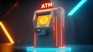 Bitcoin atm in futuristic environment with neon lights