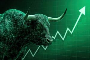 Bull market concept green chart arrow stock trading financial - bullish trend investment growth profit business success market analysis economic prosperity financial performance