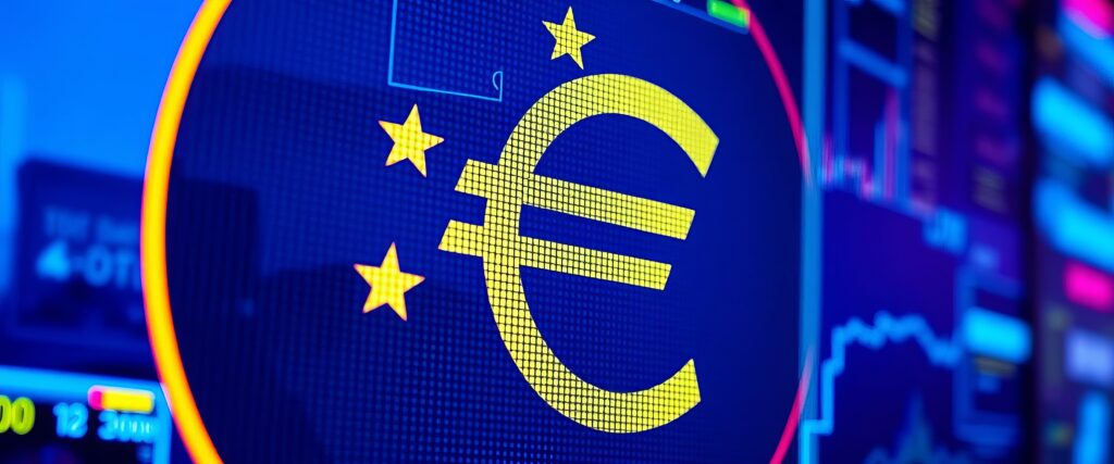 Close-up of euro symbol on a modern digital screen, business, european union