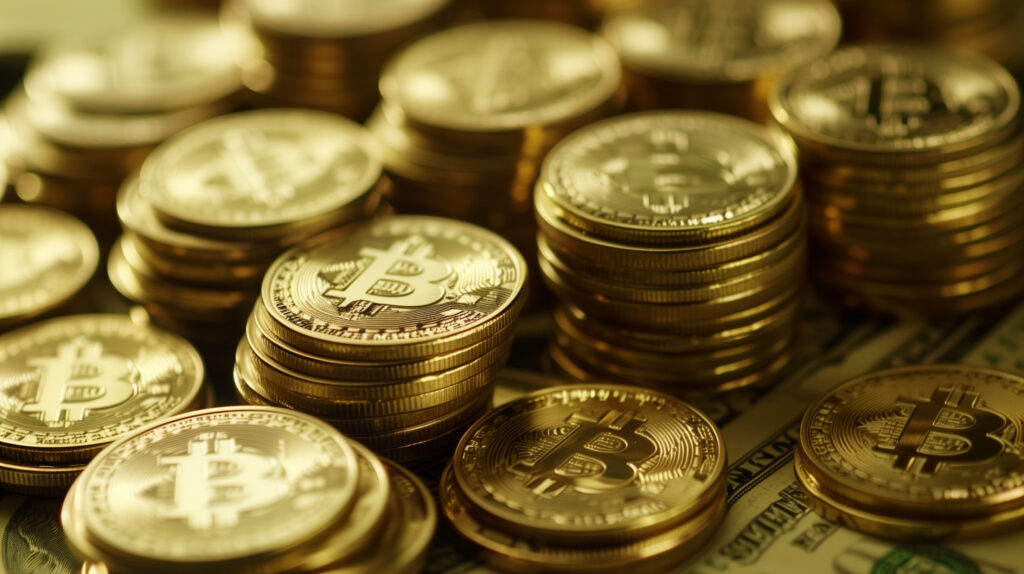 Close up of stacks of golden bitcoin coins shining.