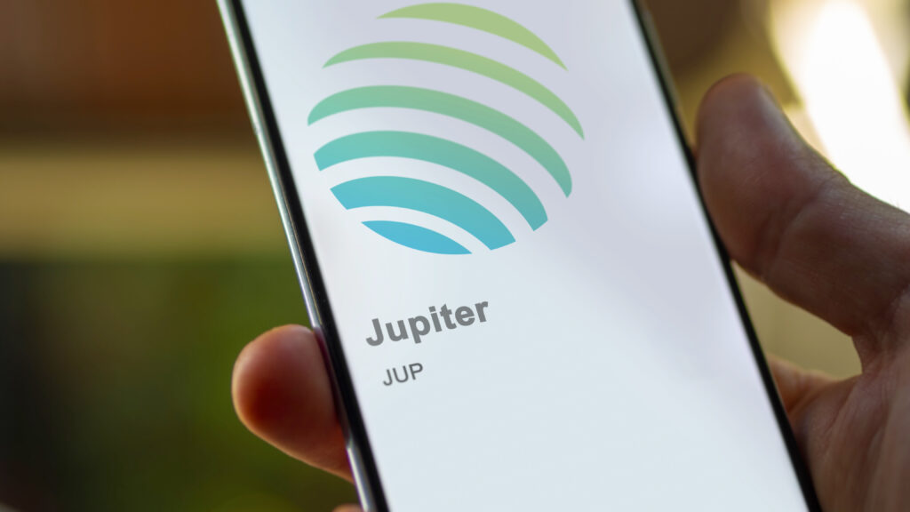 Close up on logo of (JUP) Jupiter on the screen of an exchange.