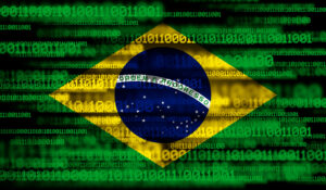 Flag of Brazil on binary code. Modern technology concept.
