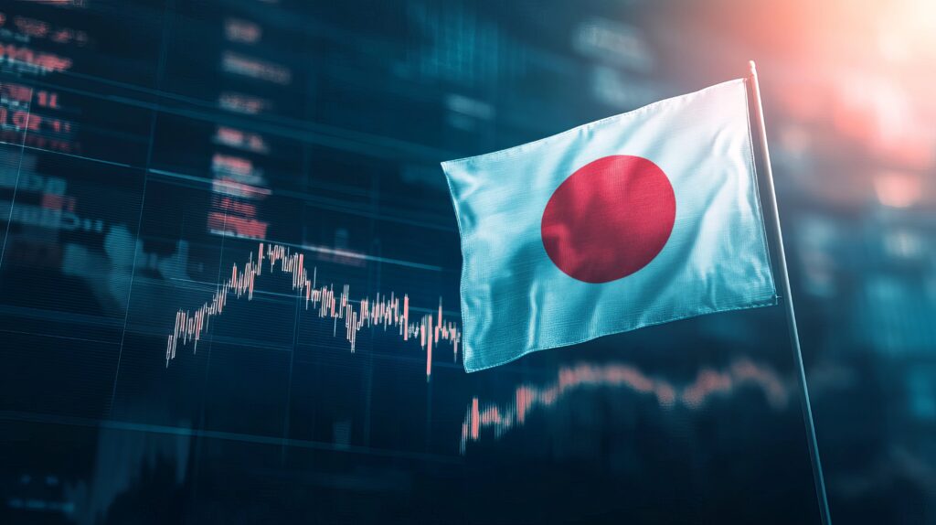 Japanese Flag Stock Market Data Financial Growth Economic Progress Investment Business Success Global Finance Japan Rising Sun Blue Background Digital Chart Graph Analysis Trading Economic Indicators