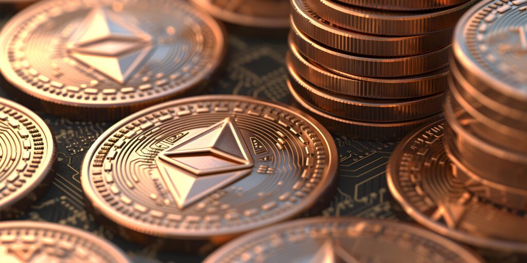Pile of Ethereum Cryptocurrencies Close Up
