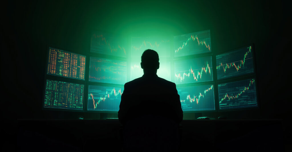 Silhouette of trader sitting in front of multiple computer monitors displaying financial charts and stock market. Concept of trading, finance, investment, crypto trading.