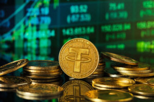 Tether Coins Stacked on a Reflective Surface With Digital Graphs in Background