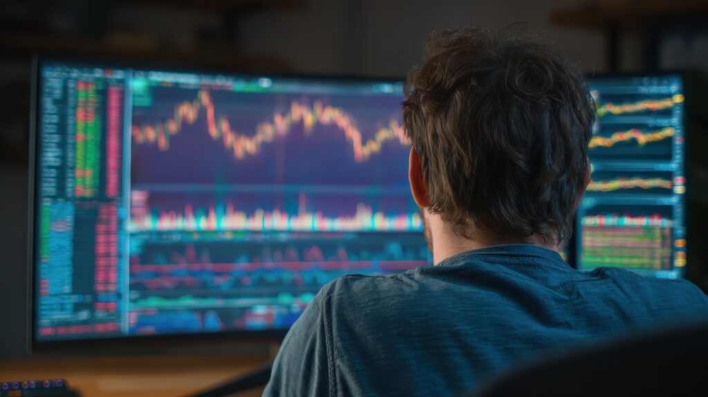 crypto trader investor analyst broker using pc computer analyzing digital cryptocurrency exchange stock market charts graphs thinking of investing funds risks in trading platform global analytics